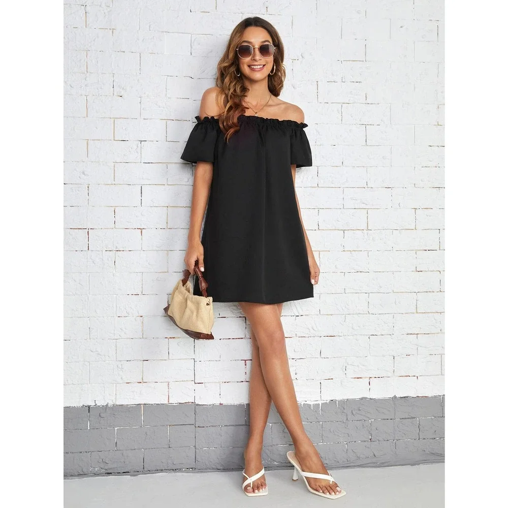 Boho Off the Shoulder Frill Trim mini Dress black - Picture 5 of 5